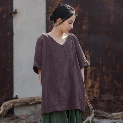 纯棉V领女式短袖T恤文艺百搭上衣