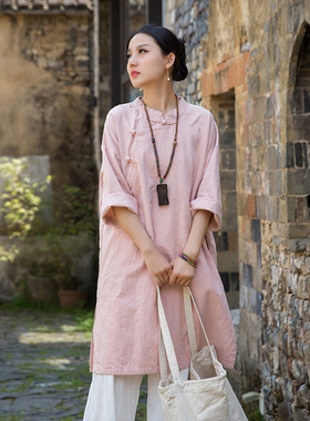 棉麻斜襟上衣女夏苎麻国风禅意佛系茶服修行禅服年轻款新中式长衫