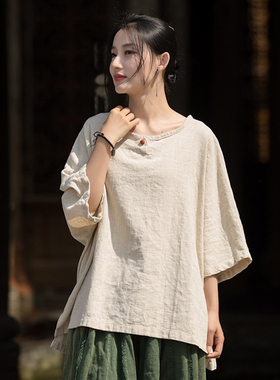 文艺复古棉麻上衣女夏 新中式套头衫佛系禅意素衣苎麻盘扣短袖T恤