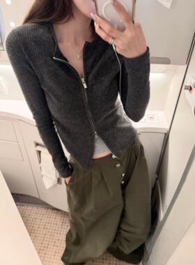 superniniyy 威化饼&坑条显瘦双拉链头收腰针织开衫外套上衣春女