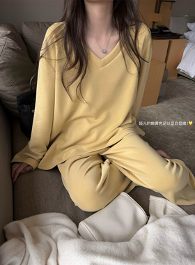 '乳酪布丁'新型天丝套装不易勾丝不掉色显瘦V领宽松上衣阔腿裤女