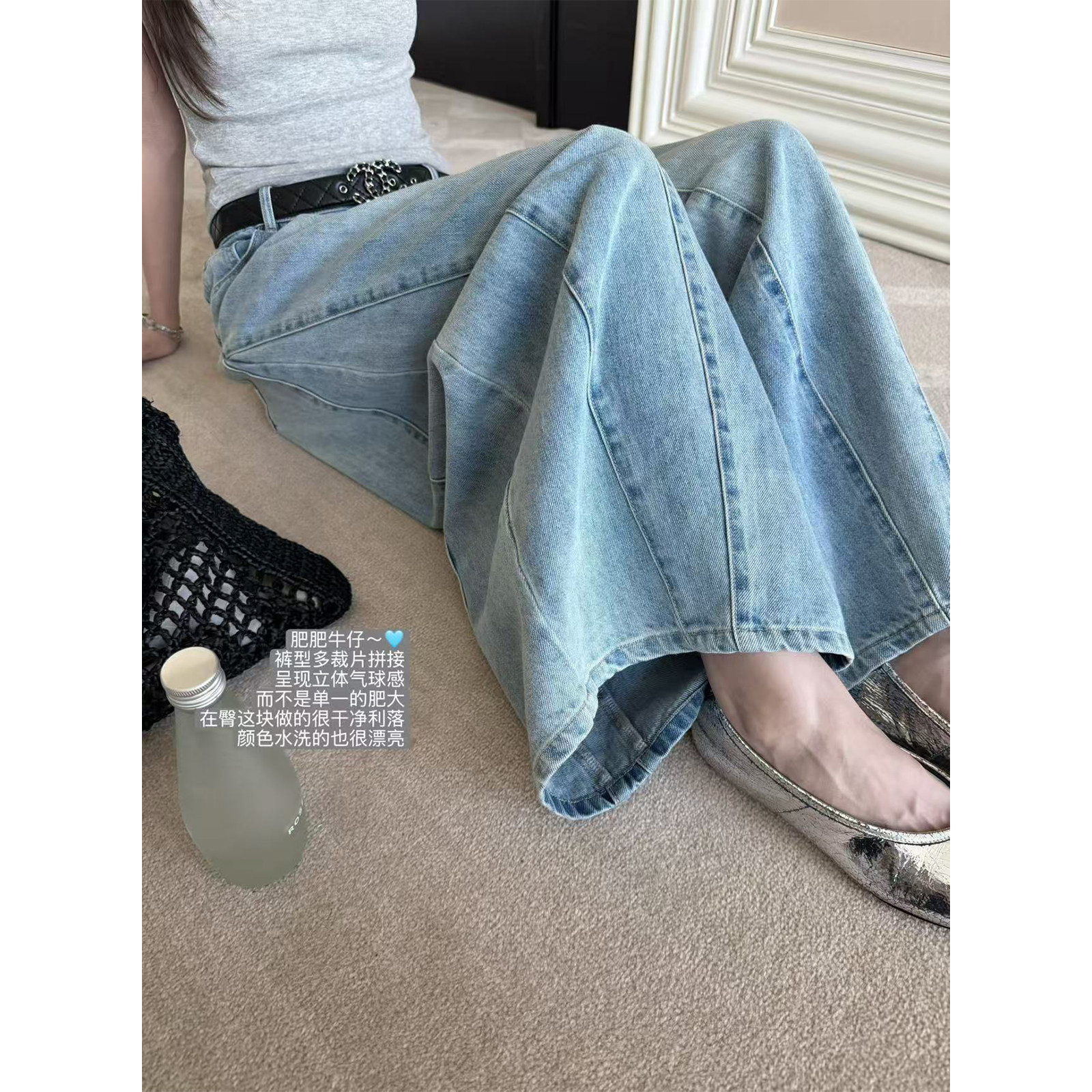 superniniyy 肥肥蓝牛&重工水洗层次浅蓝拼接立体气球牛仔裤长裤