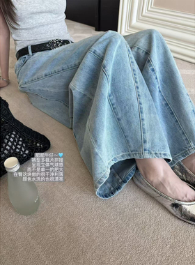 superniniyy 肥肥蓝牛&重工水洗层次浅蓝拼接立体气球牛仔裤长裤