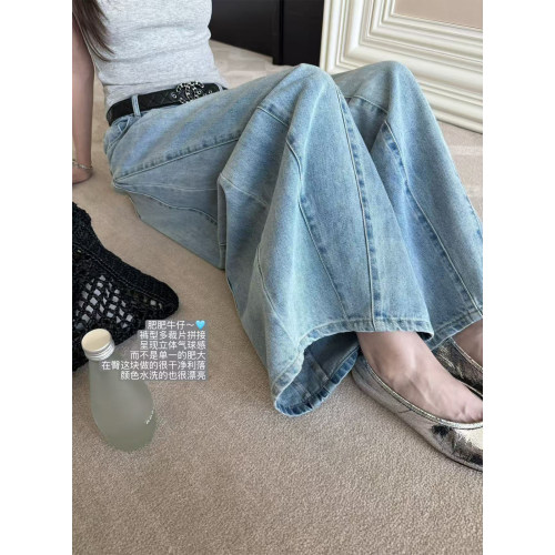 superniniyy 肥肥蓝牛&重工水洗层次浅蓝拼接立体气球牛仔裤长裤