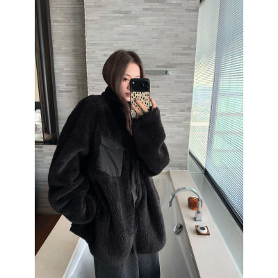 superniniyy 黑煤球&中性风黑色口袋chao宽松立领保暖摇粒绒外套