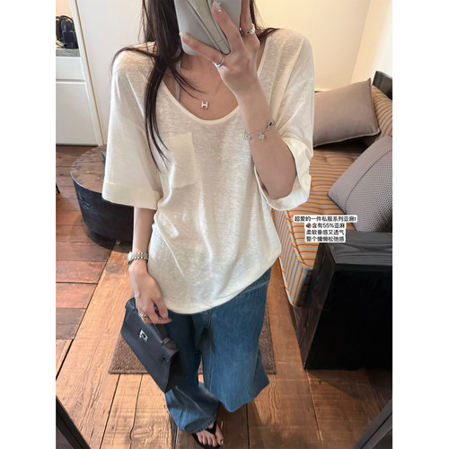 superniniyy 私服系列55%亚麻透气大圆领假口袋慵懒宽松短袖T恤女