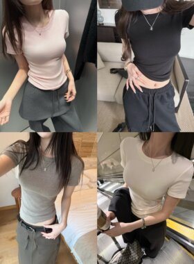 '素颜正肩tee'0wan能百搭自留好版型圆领短袖大弹力微磨毛T恤衫