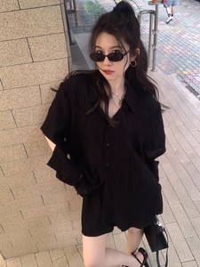 superniniyy 天丝冰凉gao级感宽松开口袖衬衫松紧腰短裤套装女夏
