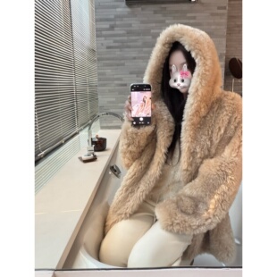 superniniyy 奶油兔兔&松弛感富家千金连帽宽松环保皮草毛毛外套