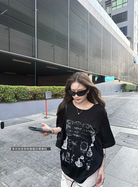 superniniyy 斑驳做旧tee酷酷文艺感做旧复古图案宽松短袖T恤女夏
