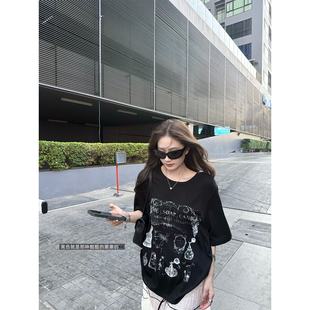superniniyy 斑驳做旧tee酷酷文艺感做旧复古图案宽松短袖T恤女夏
