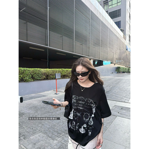 superniniyy 斑驳做旧tee酷酷文艺感做旧复古图案宽松短袖T恤女夏