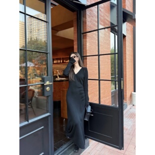 superniniyy 本命裙&桑蚕丝绵羊毛显瘦V领收腰微修身连衣裙长裙女