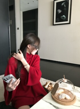 '天选新年战袍'绝美超正红色羊毛七分袖半高领毛衣半身针织裙套装