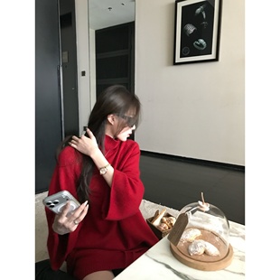 '天选新年战袍'绝美超正红色羊毛七分袖半高领毛衣半身针织裙套装