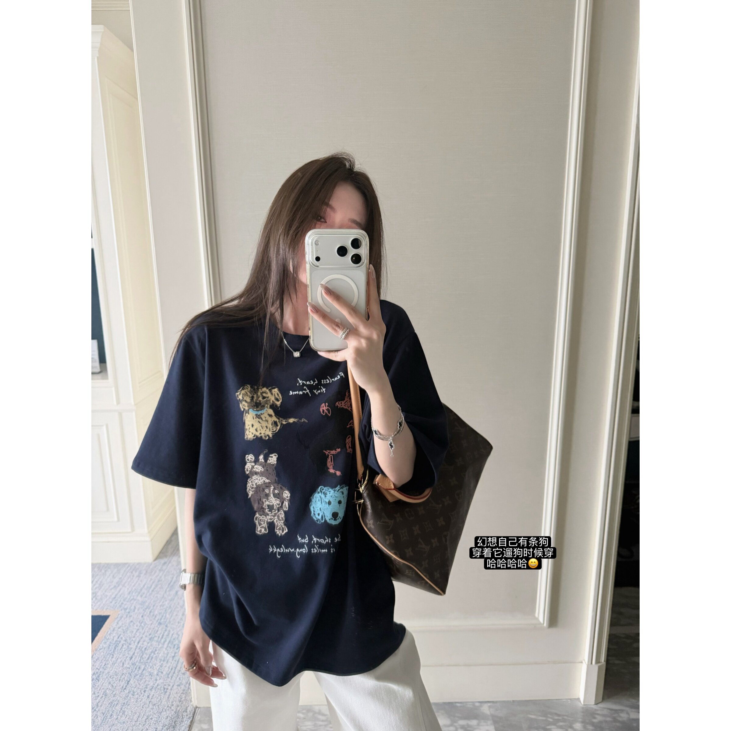 superniniyy 遛狗tee 卡通涂鸦彩绘狗狗宽松中袖短袖大T恤春夏女