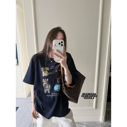 superniniyy 遛狗tee 卡通涂鸦彩绘狗狗宽松中袖短袖大T恤春夏女