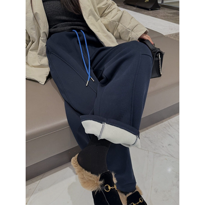 superniniyy 松弛时髦调调复合绒慵懒显瘦弯刀运动裤休闲阔腿裤女