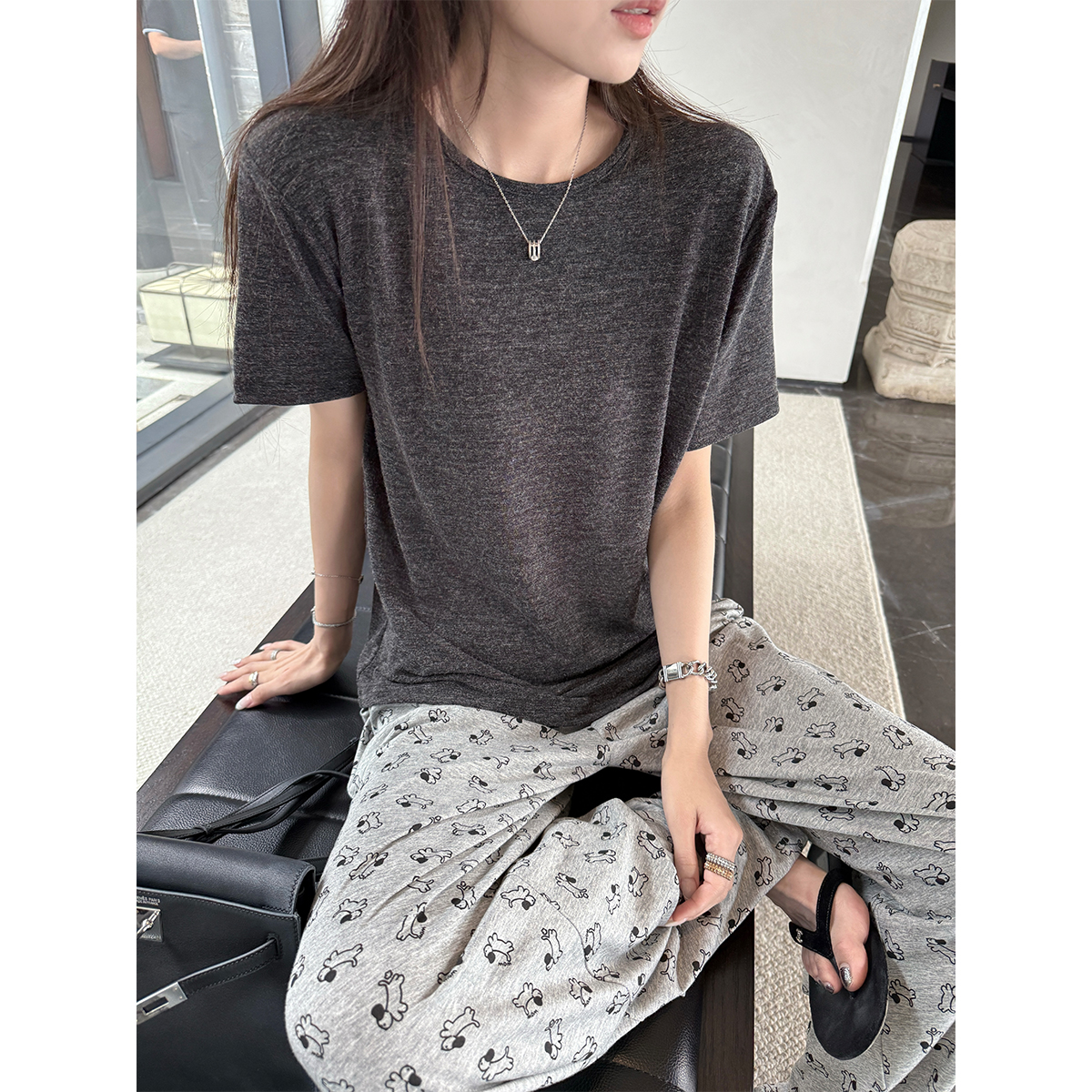 superniniyy 回馈T 芝麻点点宽松显瘦圆领正肩百搭短袖T恤上衣女