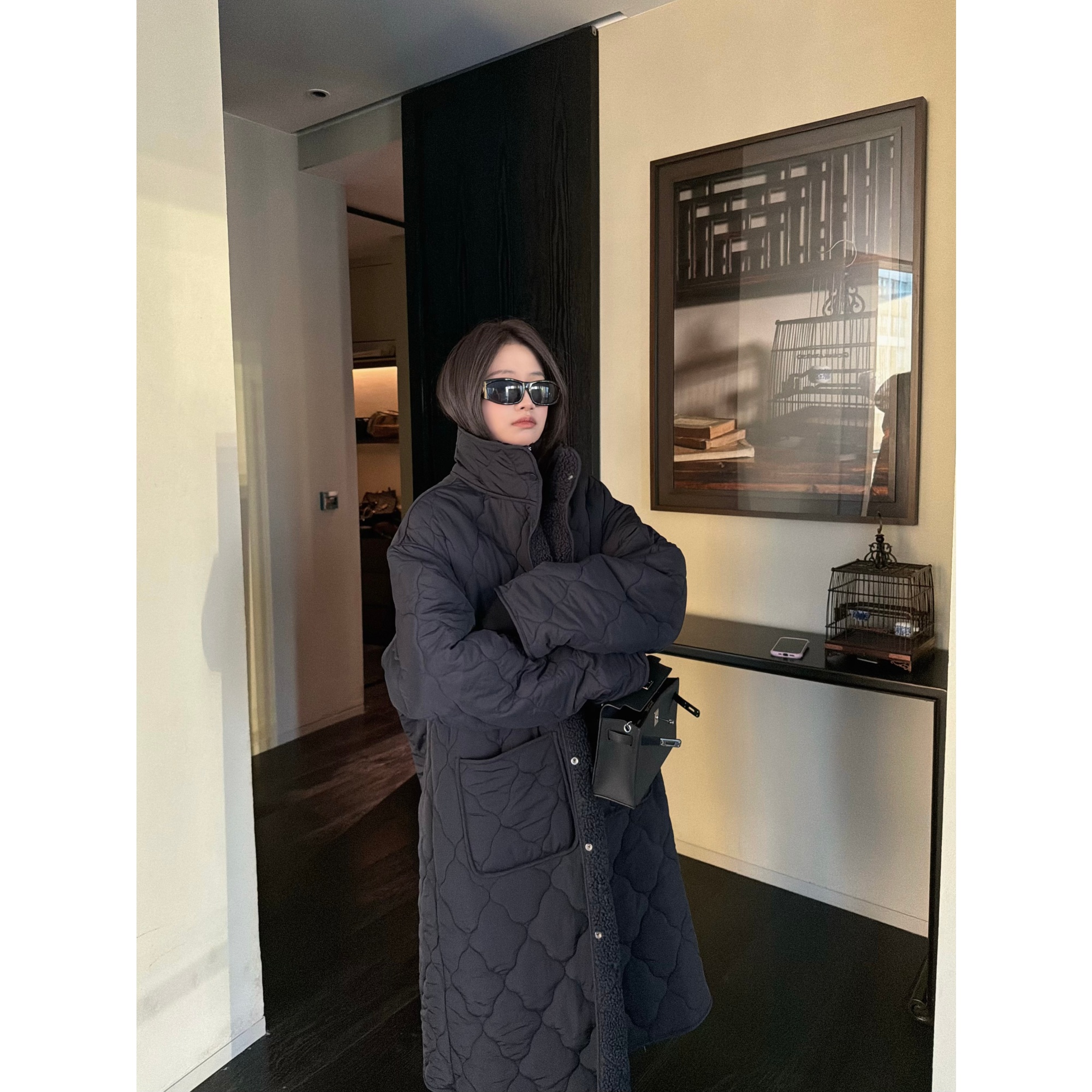 superniniyy 极简保命棉服内里羊羔毛绗棉基础大长款菱形棉衣外套