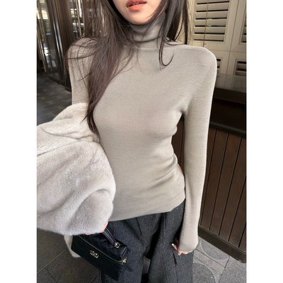 '淡颜天菜'100%羊毛无缝一体堆堆领高领毛衣松弛微修身针织打底衫