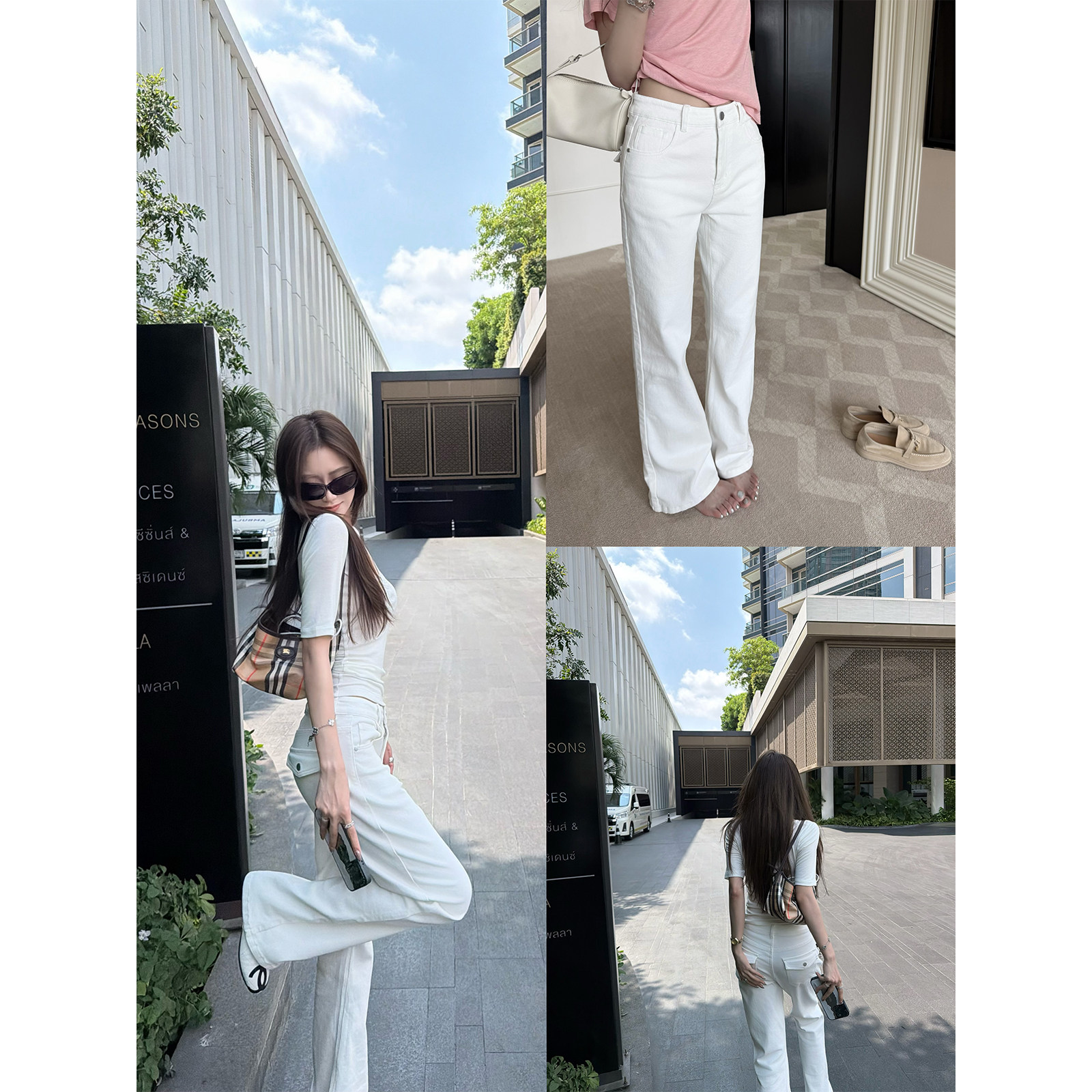 '邪修白牛'显腿直超气质翻盖口袋翘臀窄腿弹力水泥白牛仔裤长裤女