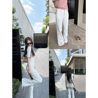 '邪修白牛'显腿直超气质翻盖口袋翘臀窄腿弹力水泥白牛仔裤长裤女
