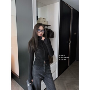 superniniyy 辣妹私服&极简坑条弹力紧身显瘦双拉链针织毛衣开衫