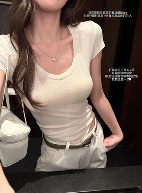 superniniyy 神仙tee 醋酸桑蚕丝天丝显瘦桃心领短袖短款修身T恤
