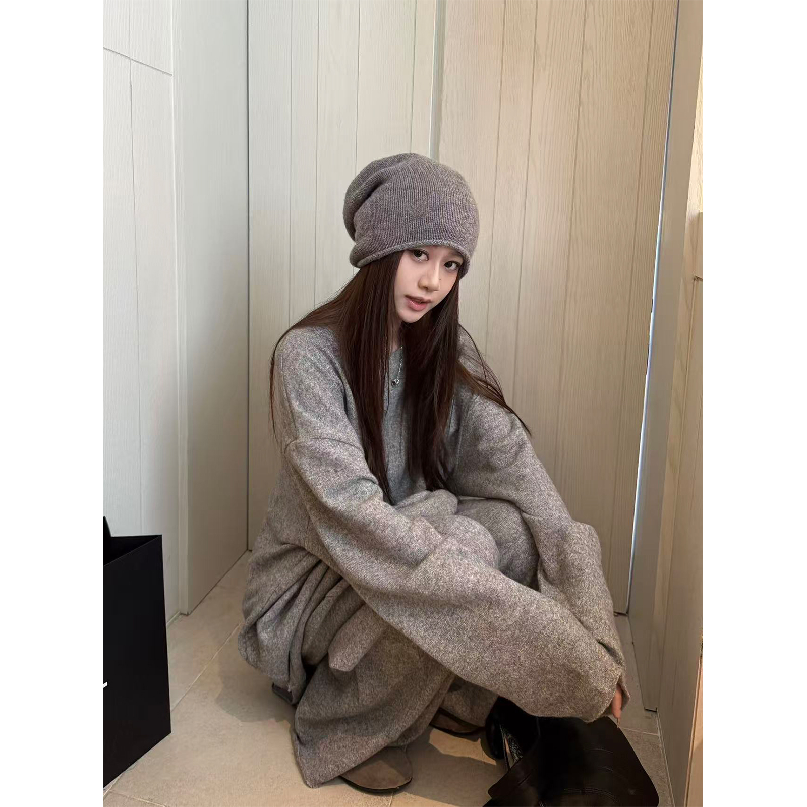 superniniyy 芝麻团团&慵懒毛织肌理感套装休闲卫衣长裤两件套女