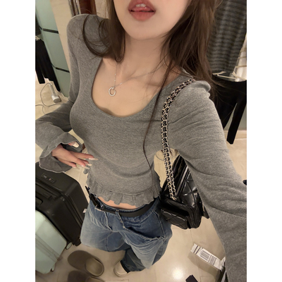 superniniyy 栗子蛋糕&弹力螺纹竹节棉大圆领木耳边打底衫针织衫