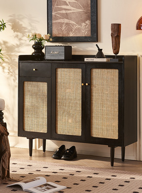 北欧实木鞋柜现代简约带抽屉柜子入户多功能分层收纳透气藤编鞋架