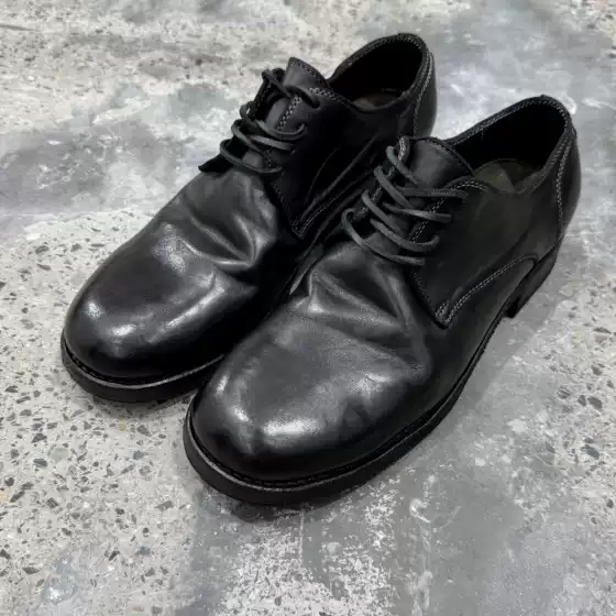 Round-Toe Dark Avant-Garde Style First-Layer Horsehide Leather Goodyear Washed and Distressed Handmade Derby Leather Shoes 992