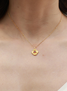 西子美美女S925银电镀18K金石榴石花朵项链复古时尚大气送礼链子