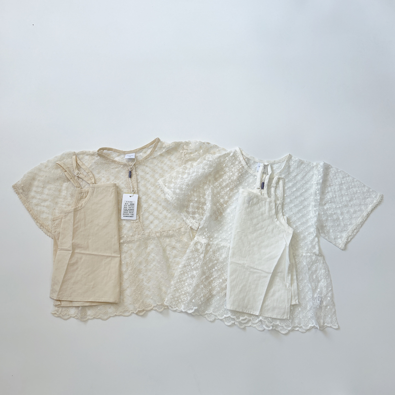 新款女童蕾丝碎花短袖时尚套装儿童夏季柔软二件套上衣100-140QB3