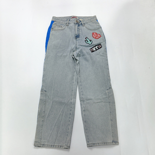 捡漏女士浅蓝色高腰无弹力宽松直筒裤阔腿裤裤脚开叉牛仔长裤B3