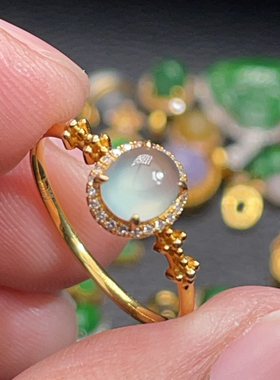 18K金天然翡翠A货-1880蛋面高冰戒指K黄钻石镶嵌珠宝玉石女款简约