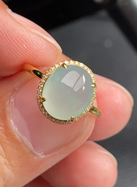 18K金天然翡翠A货-2280蛋面高冰戒指K黄镶嵌钻石珠宝玉石底色简约