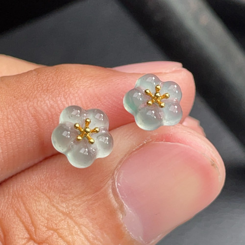 18K金天然翡翠A货-780梅花朵高冰耳钉K黄耳饰简约镶嵌珠宝玉石