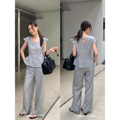 F.THREE三姐妹-麻小飞袖时尚小衫+直筒高腰休闲裤两件套套装16583