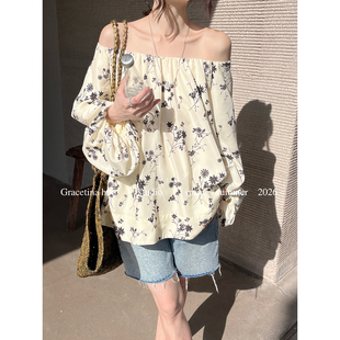 浪漫花卉马蹄袖 GRACETINA HOO 定染法式 CSA078 慵懒随性一字肩衬衫