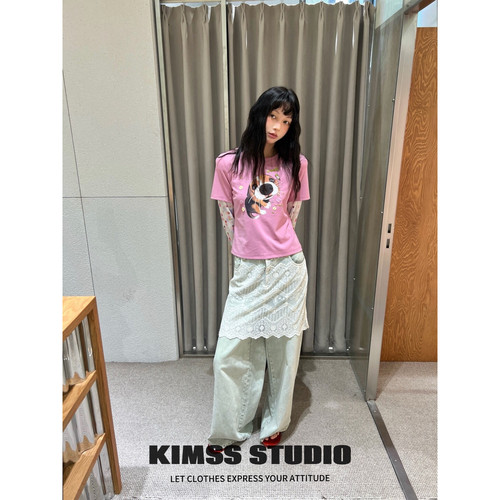 小野家Kimss-感甜酷风圆领修身卡通小狗印花假两件长袖长袖T恤369