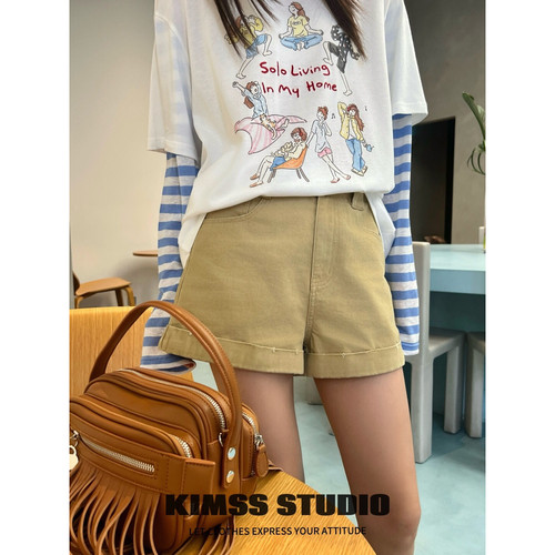 小野家Kimss-瘦卷边牛仔短裤(不含上衣+包包)86DK501