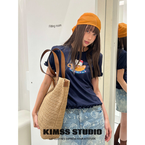 小野家Kimss-女甜酷趣味印花木耳边短袖T恤(不含下装+包包)36T442