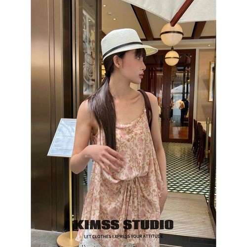 小野家Kimss-粉棕花卉印花宽松吊带连衣裙(不含下装+包包)86SY430