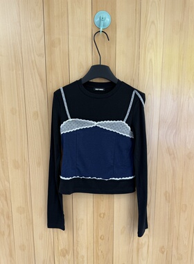 早秋SKip Smile正确版甜美辣妹吊带假两件套撞色短款长袖 上衣T恤