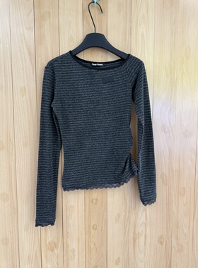 早秋SKip Smile正确版甜美辣妹斜肩条纹褶皱修身小版长袖T恤2色入