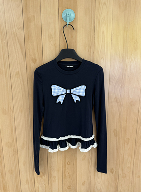 早秋SKip Smile～正确版甜立体蝴蝶荷叶花边通勤长袖打底衫 T恤入