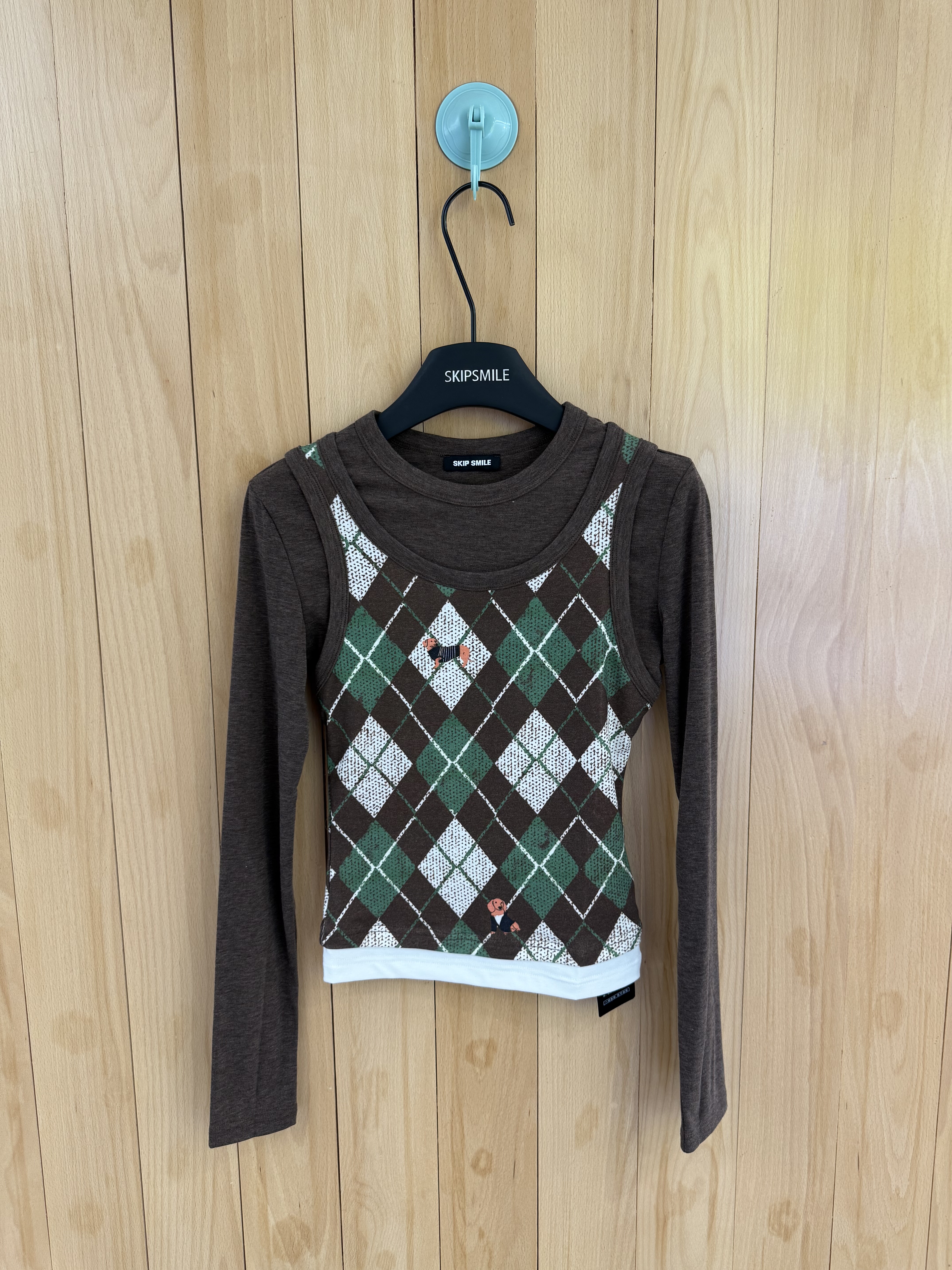 26春SKip Smile～正确版甜美辣妹假两件套菱形小熊印花长袖 T恤入