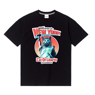 【官方授权】QT8 GARMENTS 韩版短袖宽松舒适休闲印花自由猫T恤